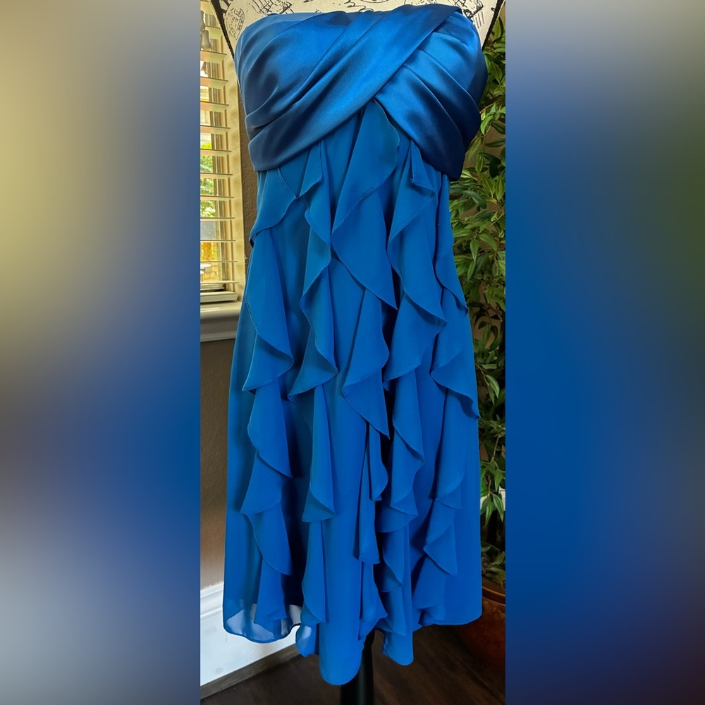 Cache Strapless Blue Ruffle Dress